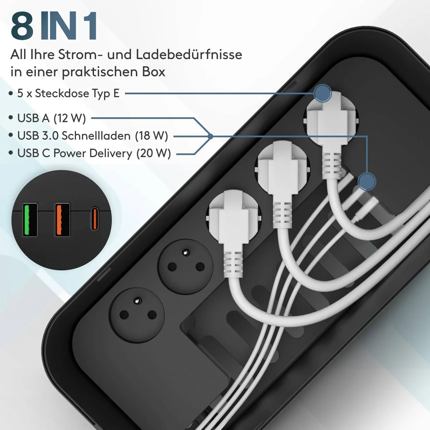 ACROPAQ Ciabatta 5 Prese EU + 3 USB Nera QC 3.0