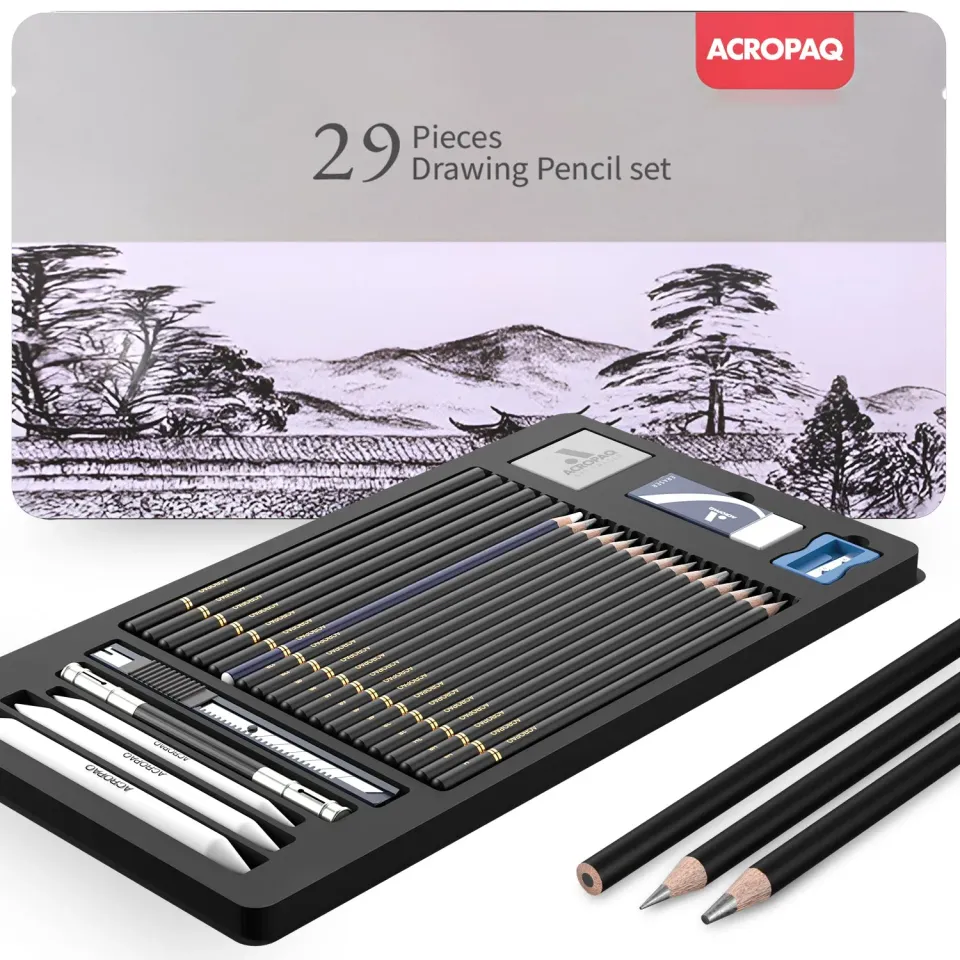 ACROPAQ Set Disegno 29 Pezzi Grafite e Carboncino Nero