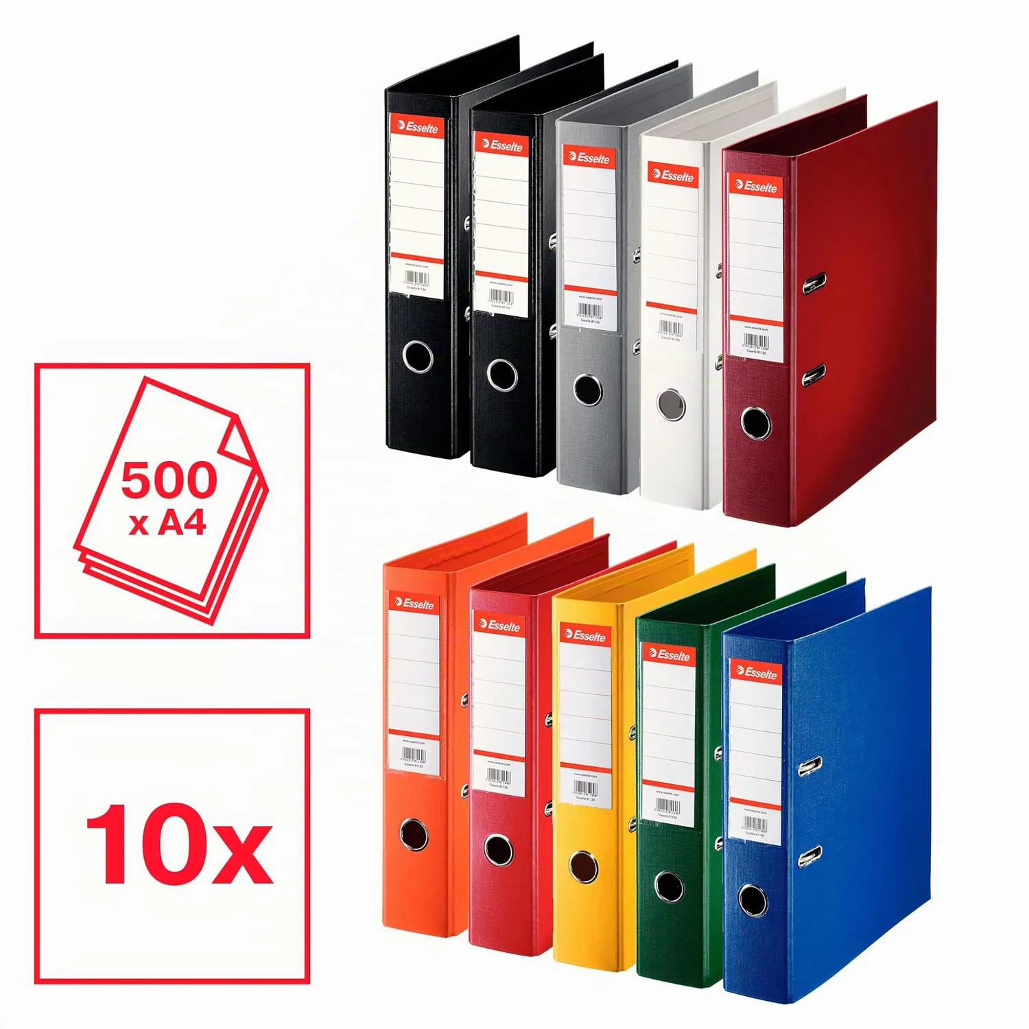 Esselte Raccoglitori a Leva A4 Dorso 75 mm Assortiti 10 Pezzi 550 Fogli
