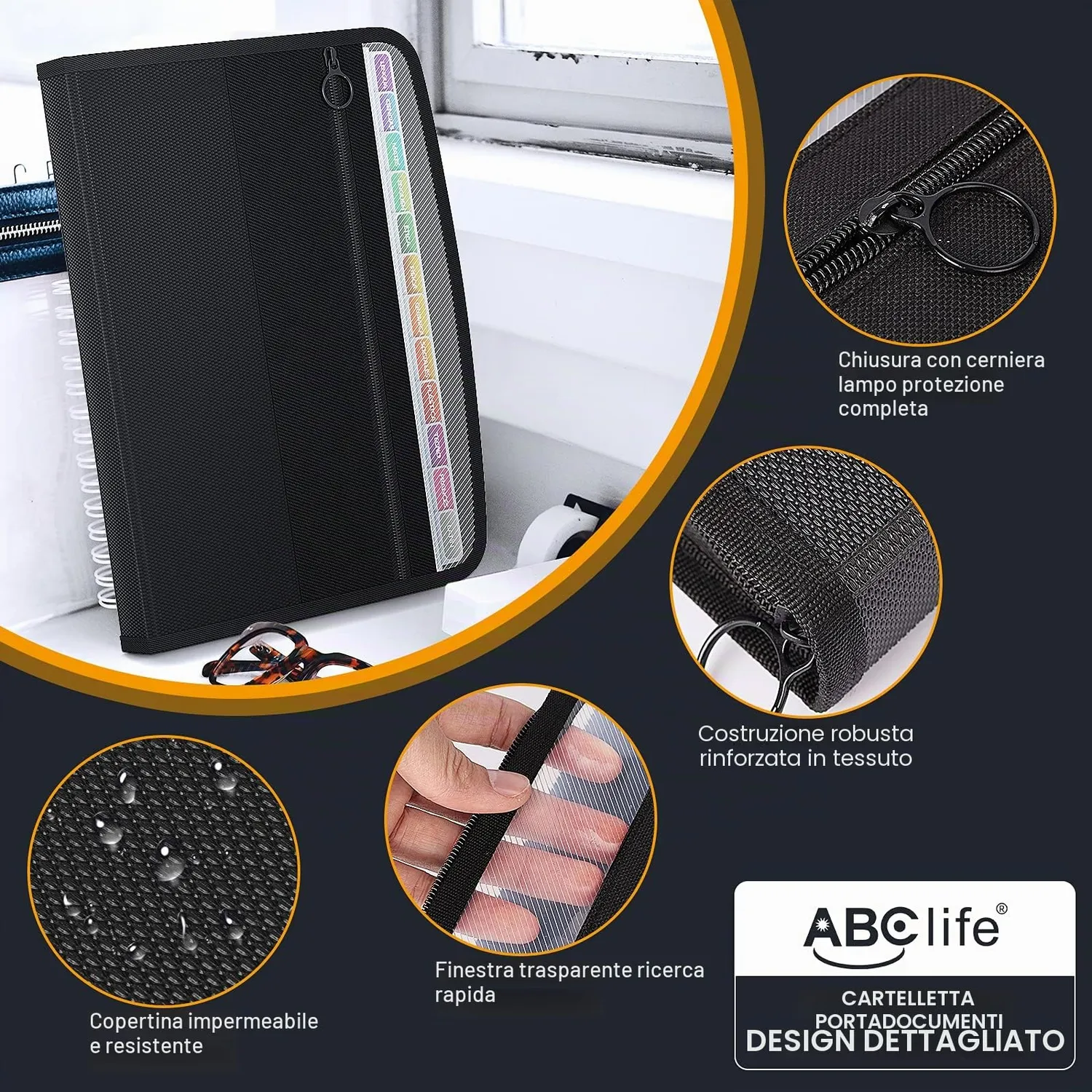 ABClife Portadocumenti A4 13 Scomparti Nero Impermeabile