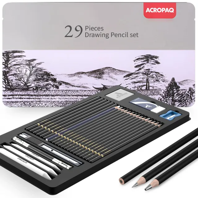 ACROPAQ Set Disegno 29 Pezzi Grafite Carboncino Nero