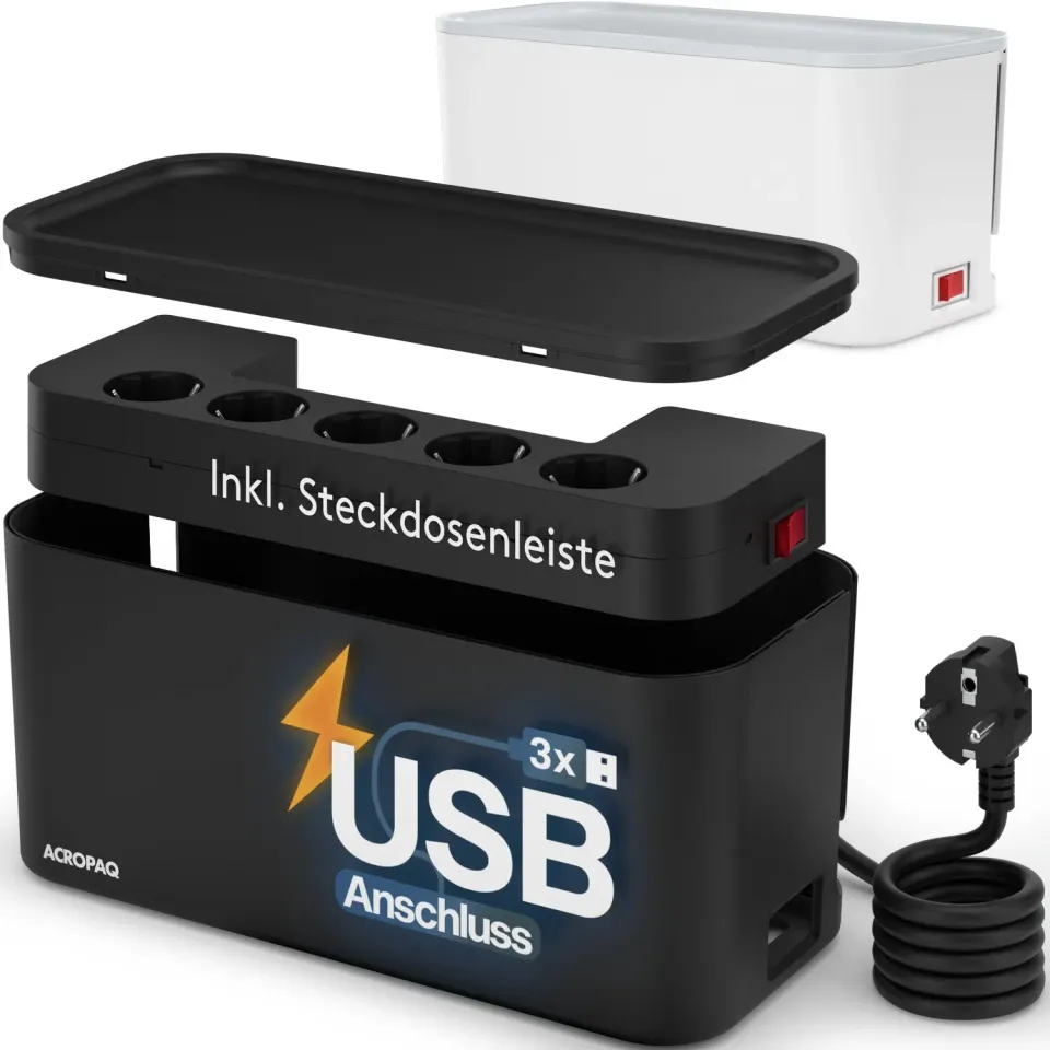 ACROPAQ Box copricavi nero 5 prese + 3 USB-A interruttore