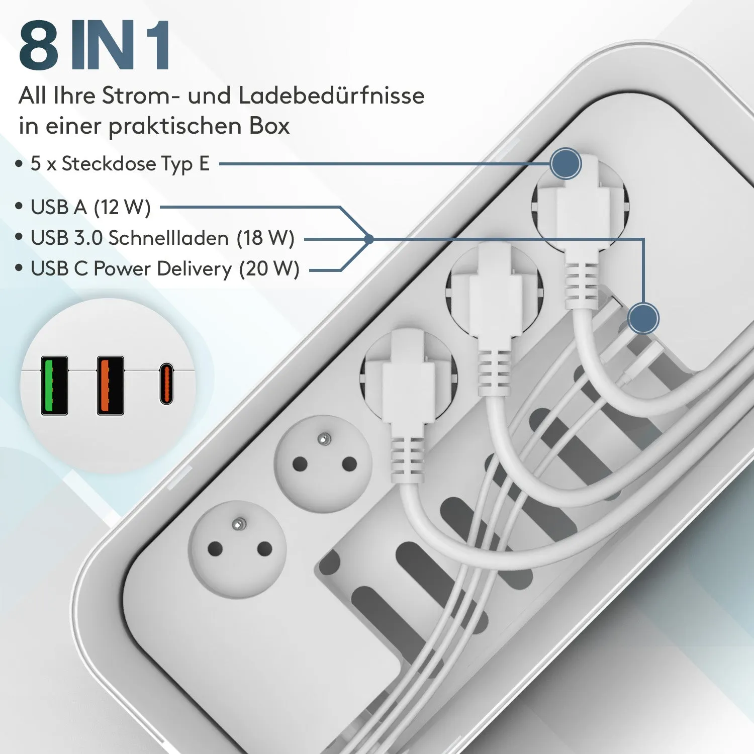 Acropaq multipresa 5 prese + 3 USB QC3.0 Type-C bianca