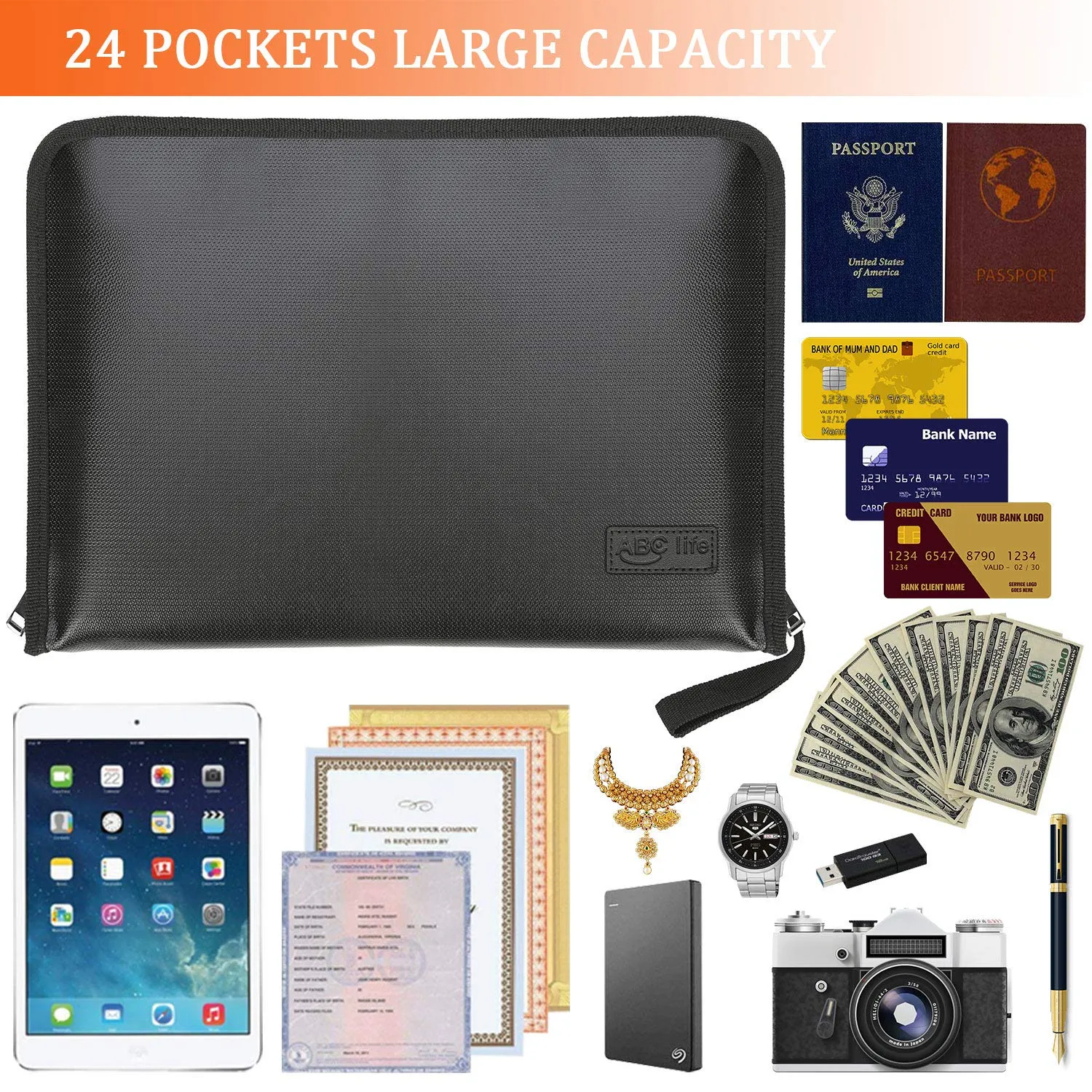 ABClife 24 Tasche Portadocumenti Ignifugo Nero A4 con Cerniera
