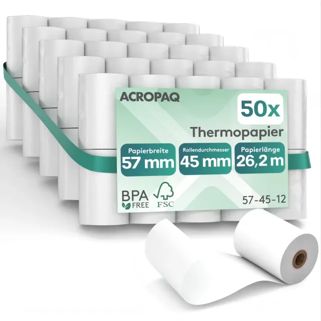 Acropaq Rotoli Carta Termica 57x47mm 25m 50 Pezzi BPA Free