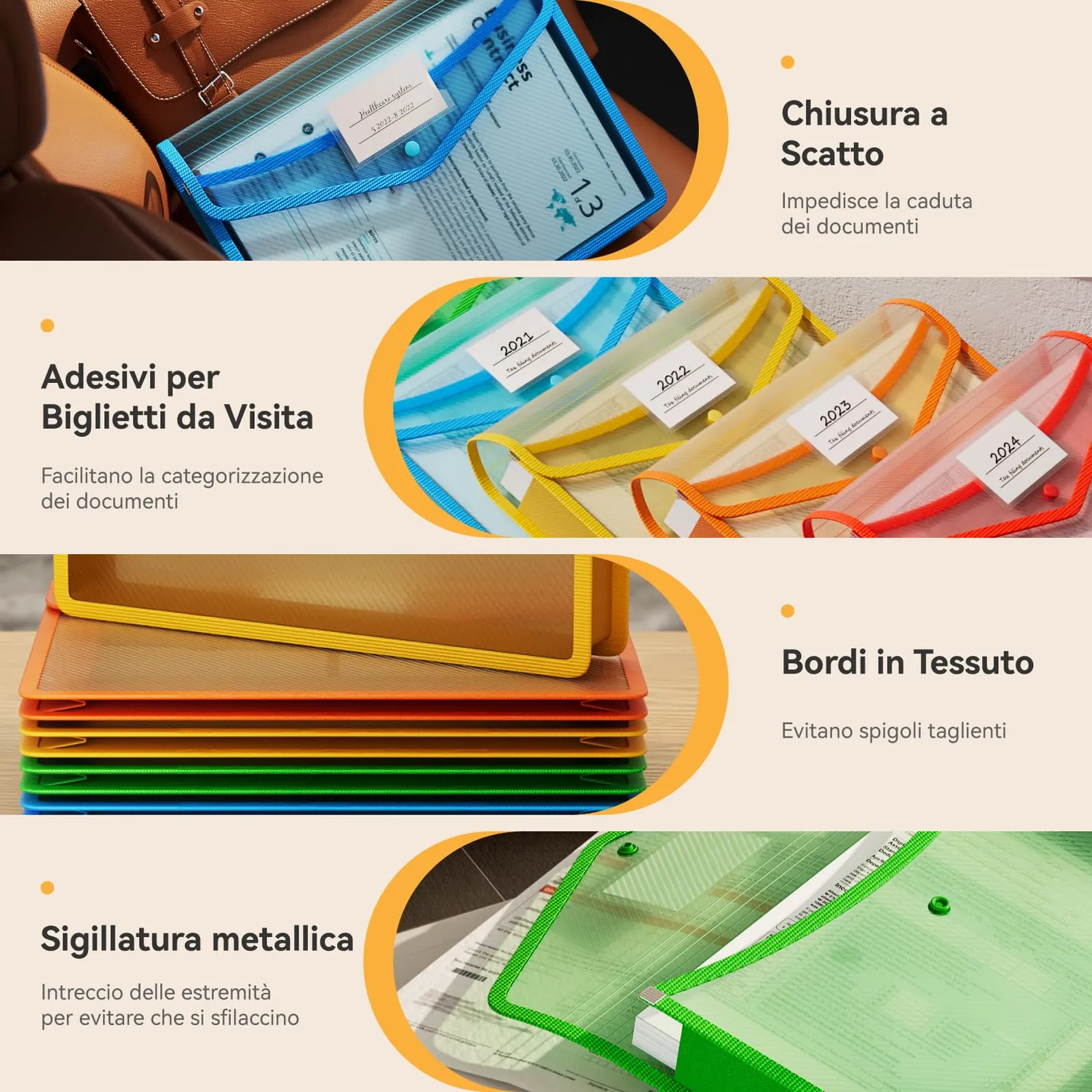 ABClife Cartelle A4 Plastica 6 Pezzi Colorate Bottone