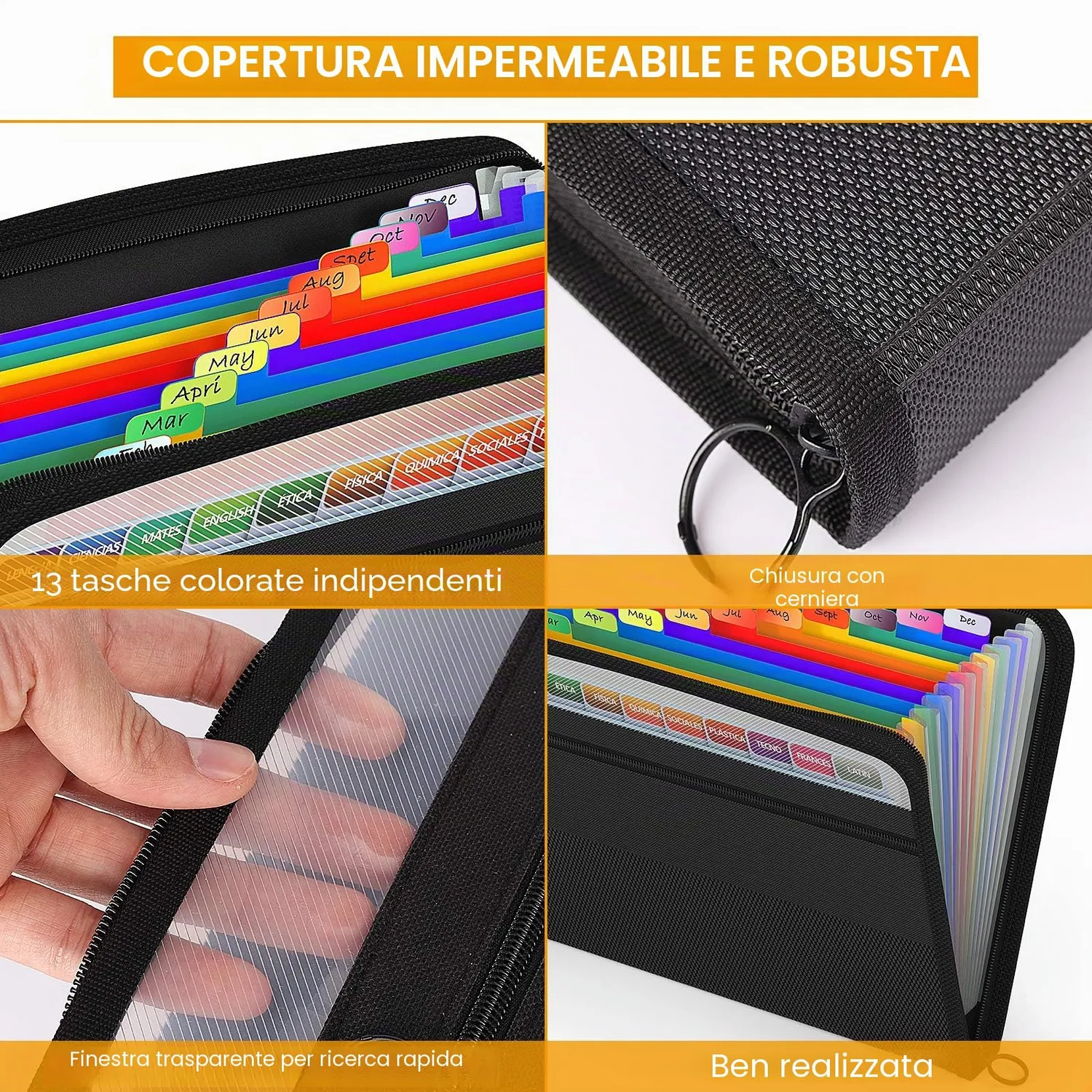 ABClife Cartella Documenti Zip A4 13 Tasche Colorata
