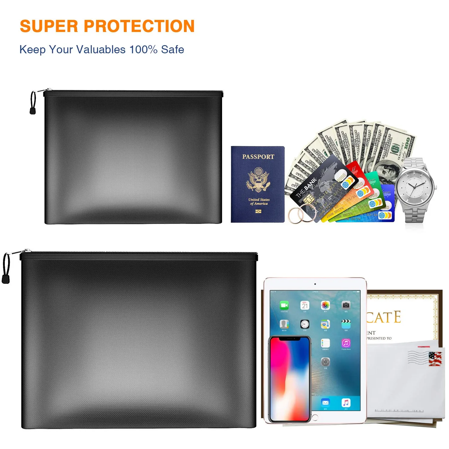 ABClife Set 2 Borse Portadocumenti Ignifughe Nere Grande+Piccola