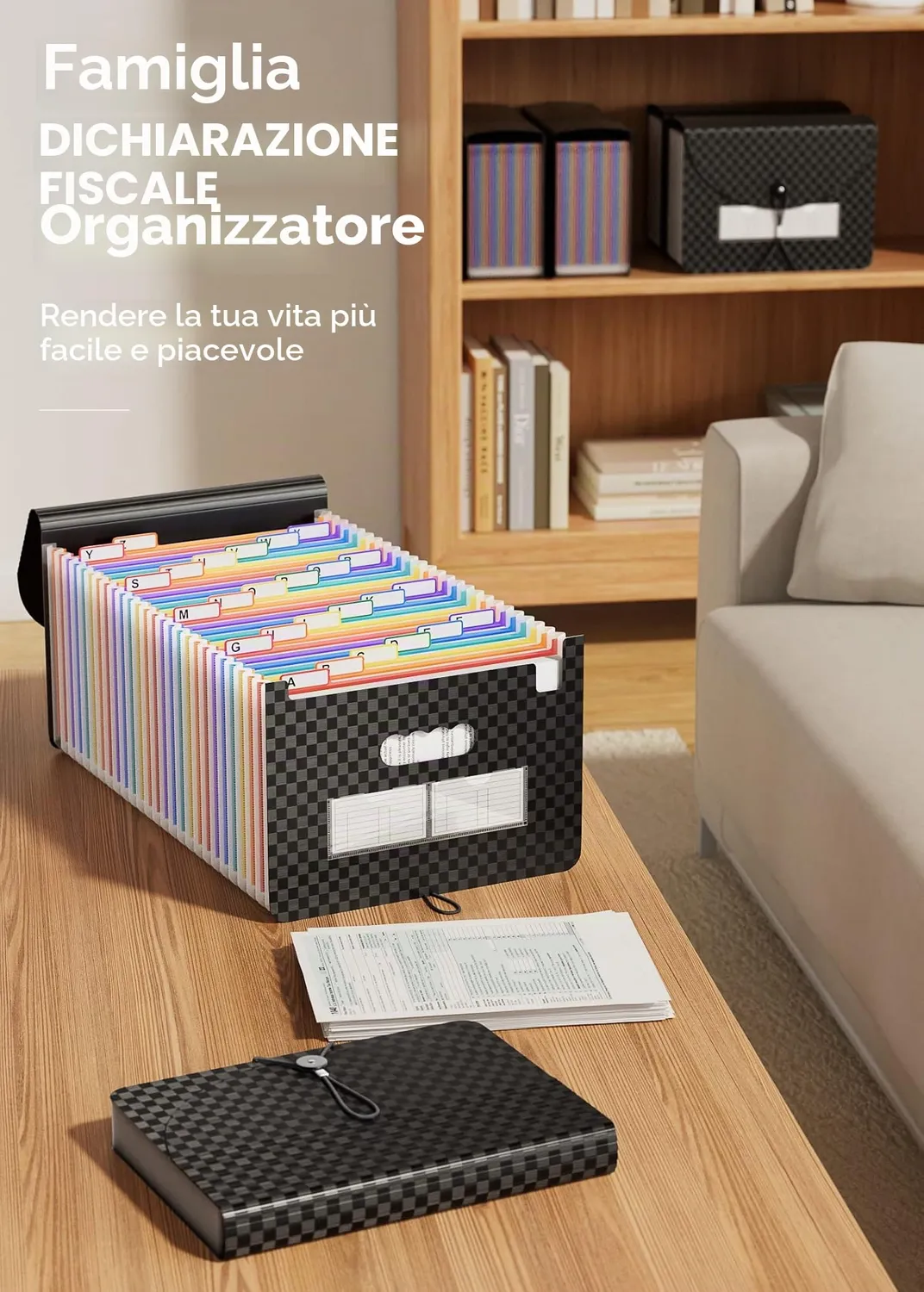 ABClife cartella fisarmonica A4 nera scacchi 26 tasche espandibile