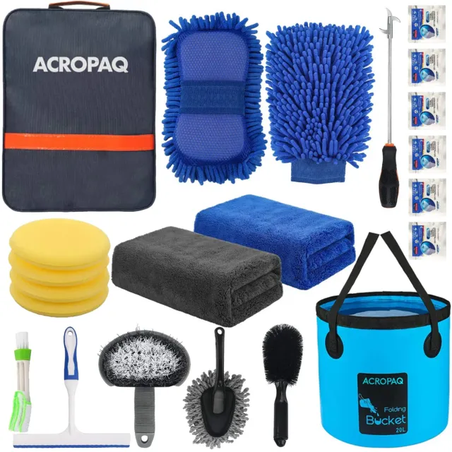 ACROPAQ Kit Pulizia Auto 22 Pezzi Blu con Secchio