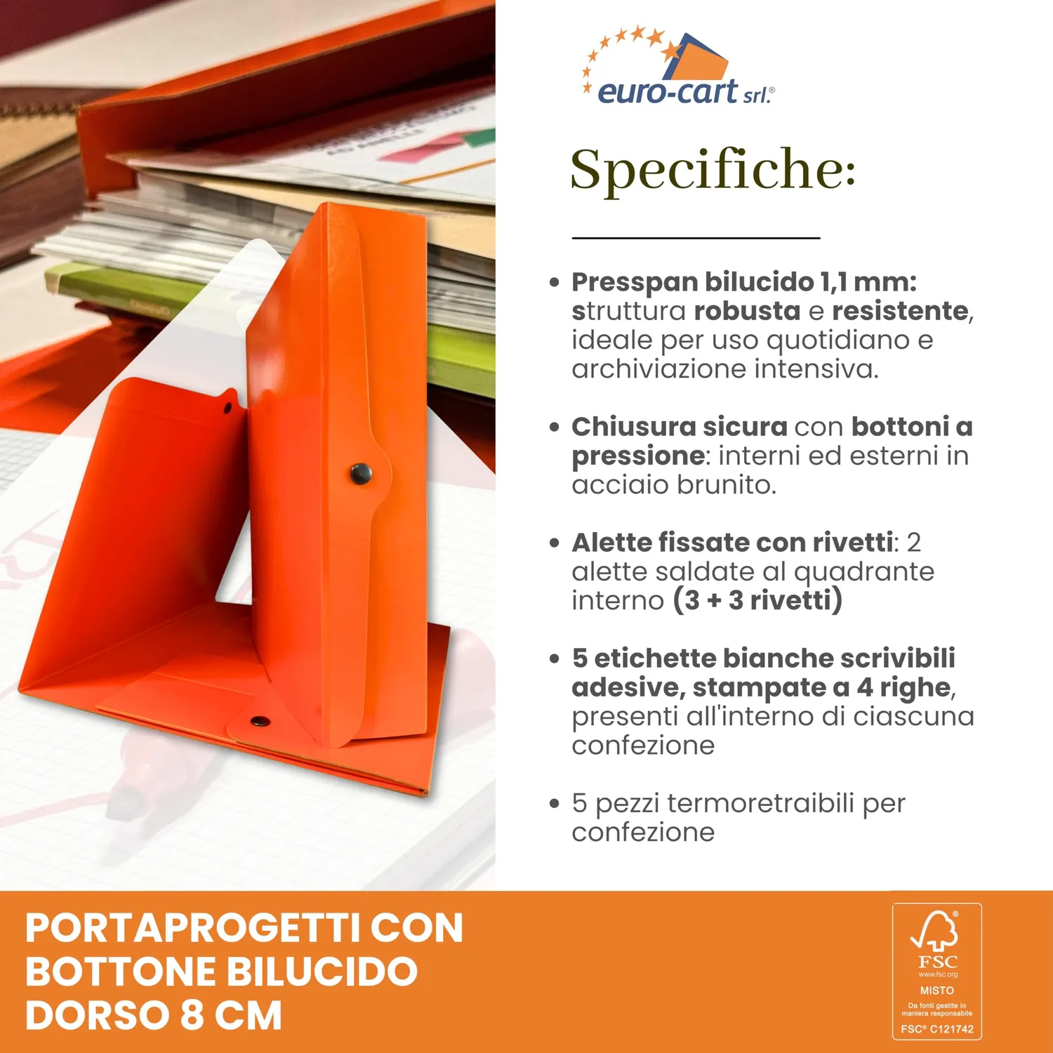 Euro Cart Classic Cartella Bottone Dorso 8 cm Arancione 5 Pezzi