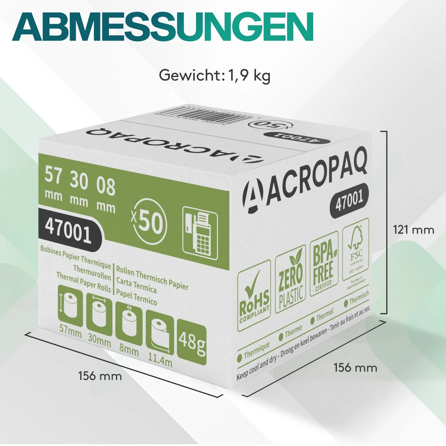 ACROPAQ Rotoli Carta Termica 57x30mm 50 pezzi BPA free