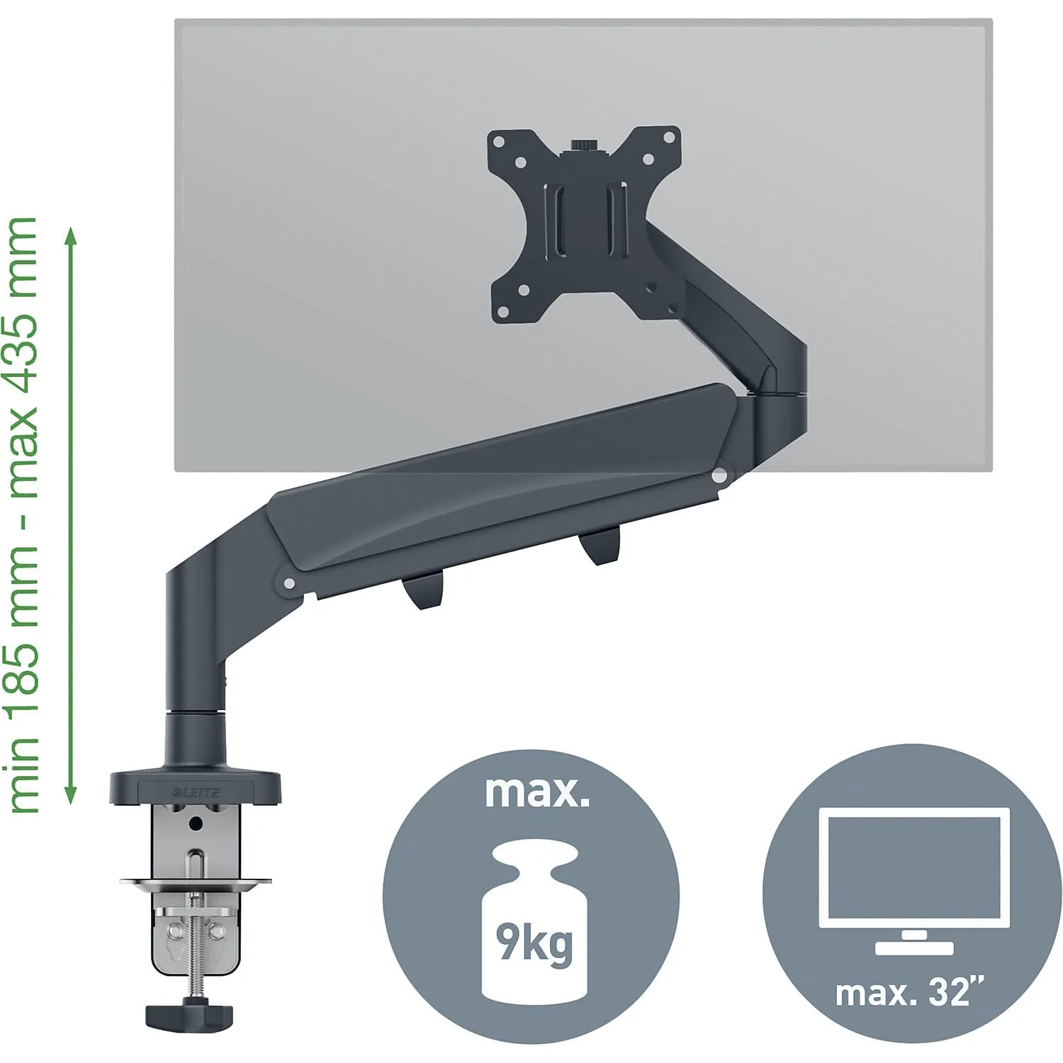 Leitz Ergo WOW 64890089 braccio monitor singolo grigio scuro 32" 9 kg