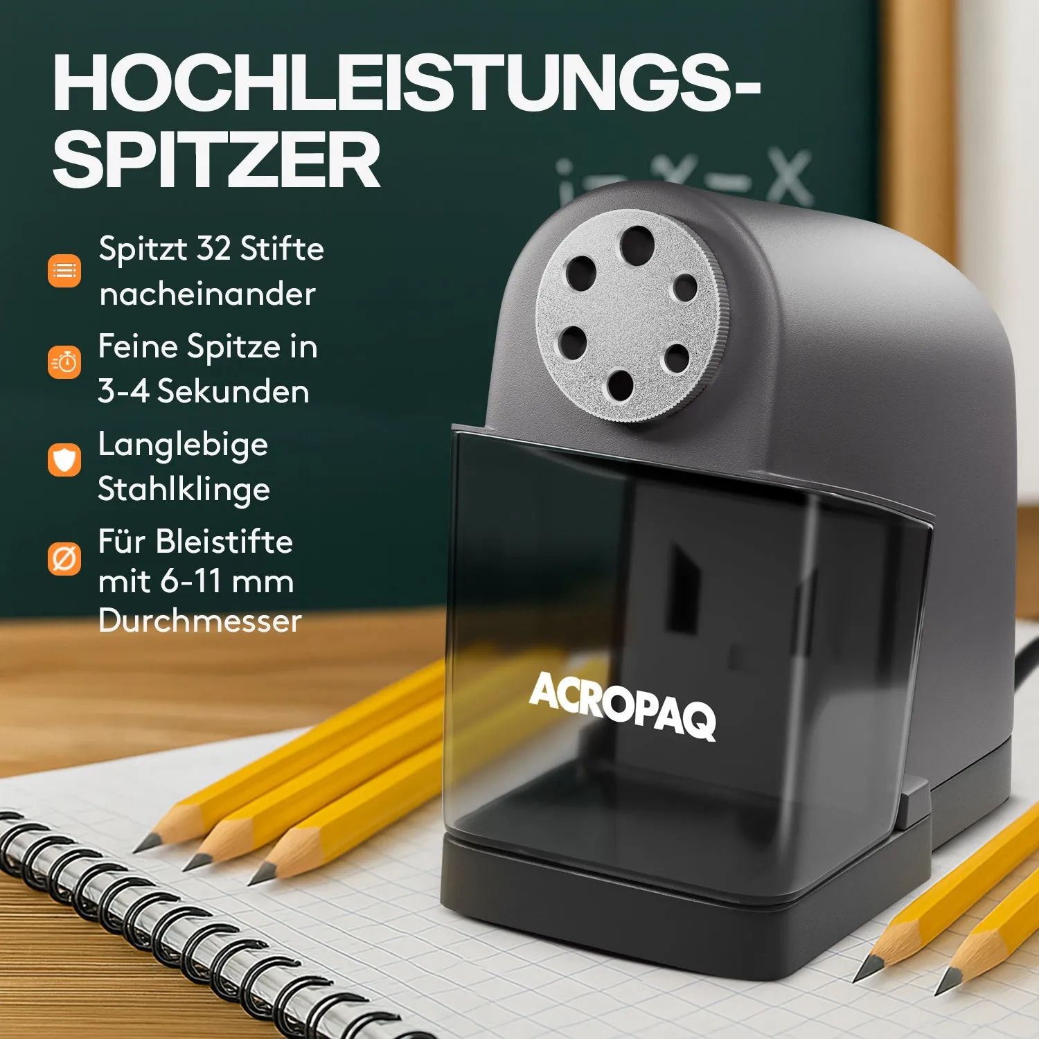 ACROPAQ Temperamatite Elettrico 6 Fori Grigio Scuro