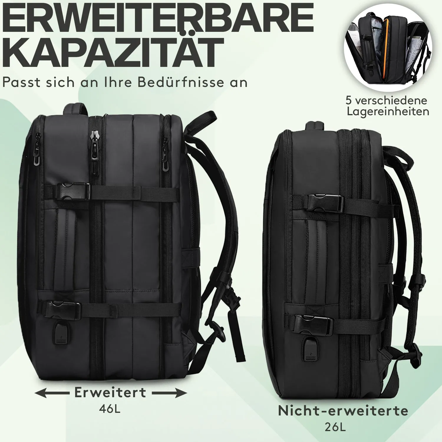 ACROPAQ Zaino Espandibile Nero 26-45L USB