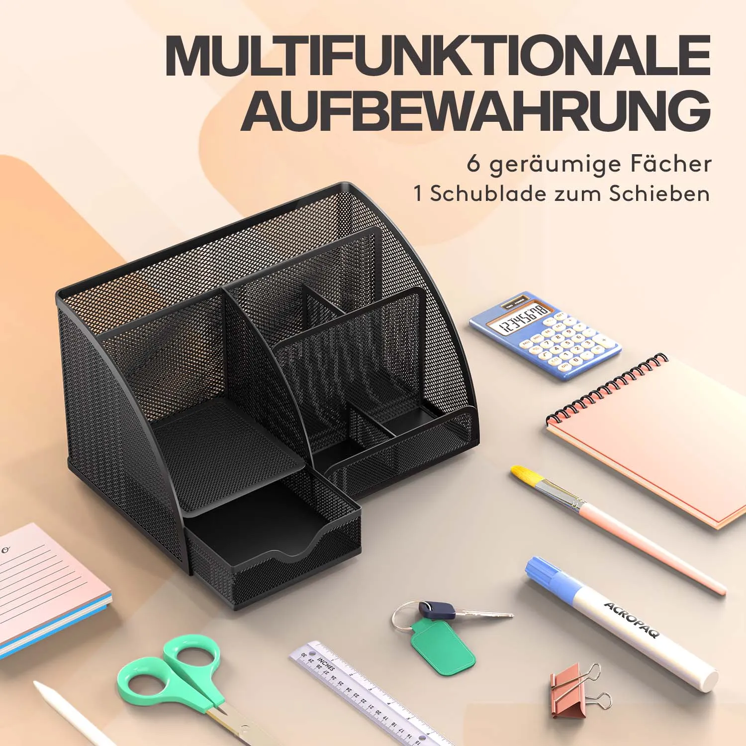 ACROPAQ organizer da scrivania metallo nero 6 scomparti+cassetto