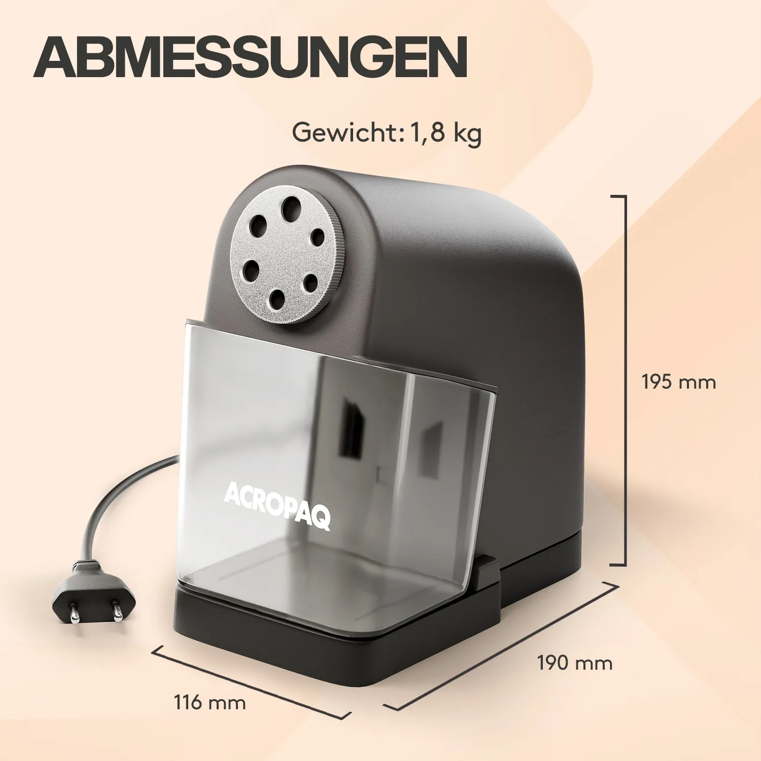 ACROPAQ Temperamatite Elettrico 6 Fori Grigio Scuro