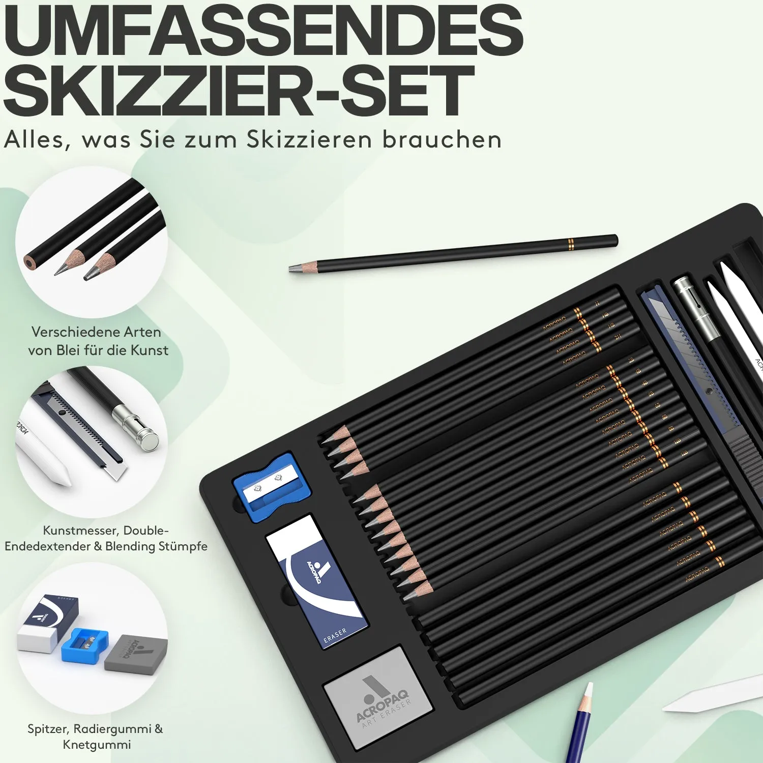 ACROPAQ Set Disegno 29 Pezzi Grafite Carboncino Nero