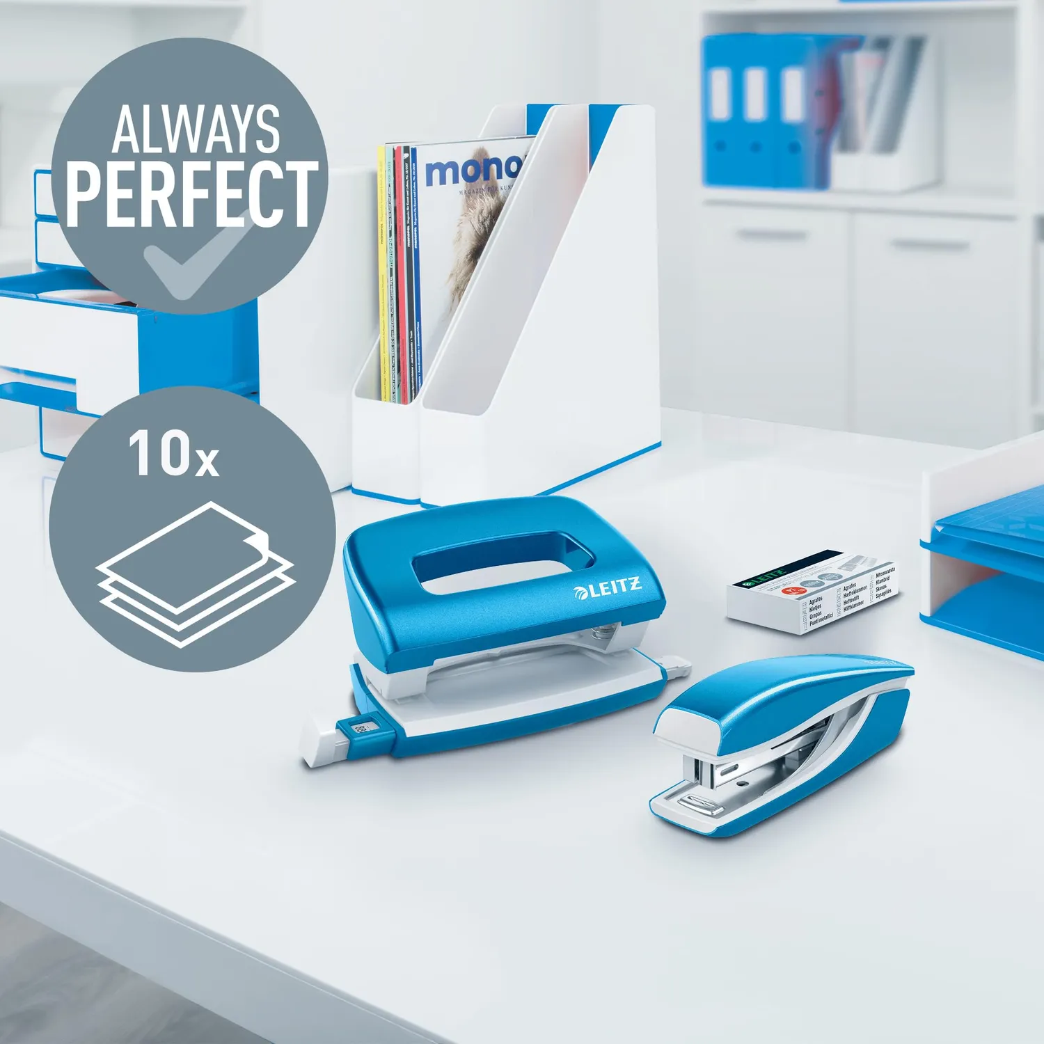 Leitz WOW Mini Set Cucitrice e Perforatore Blu 10 Fogli