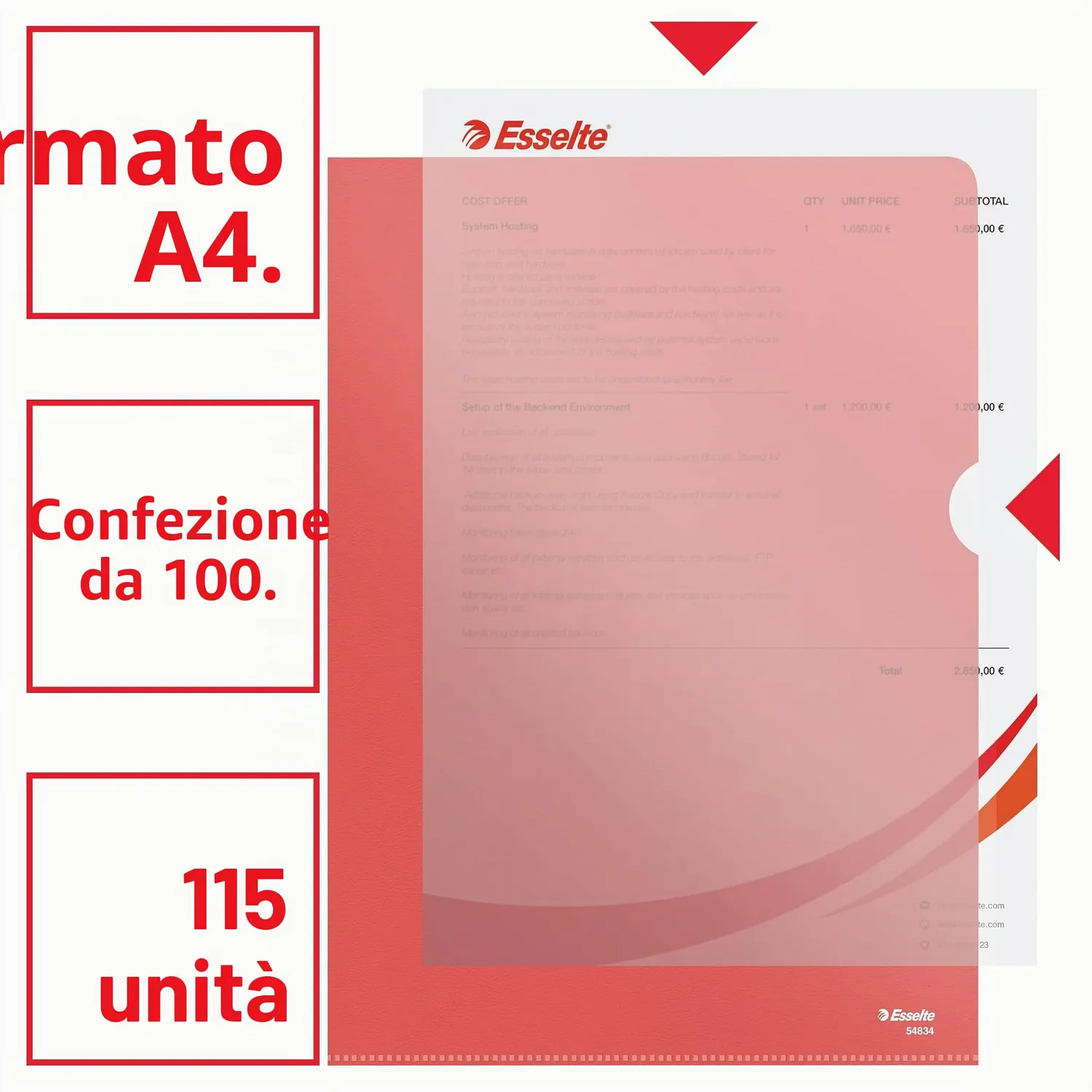 Esselte Deluxe 54834 buste a L A4 100 pezzi rosse antiriflesso