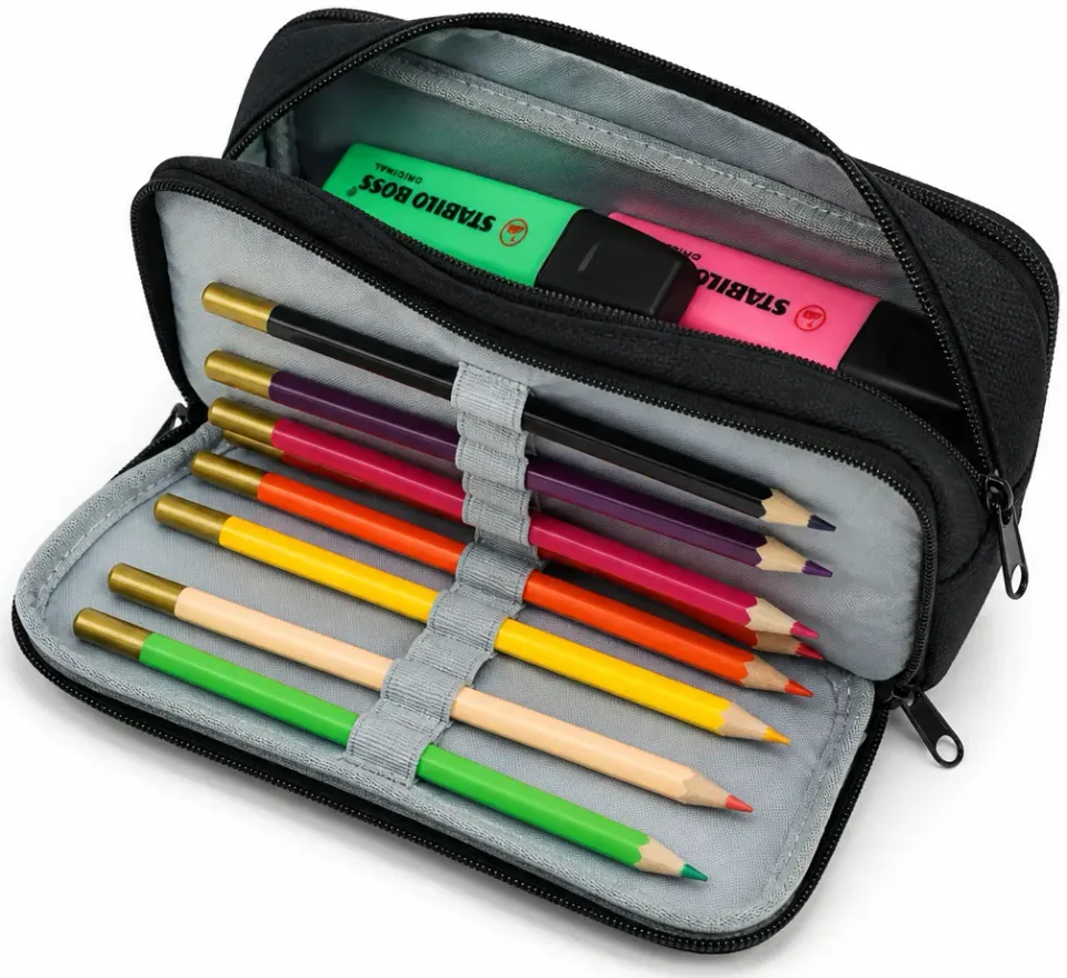 ACROPAQ Astuccio 3 Scomparti 75 Penne Nero con Zip