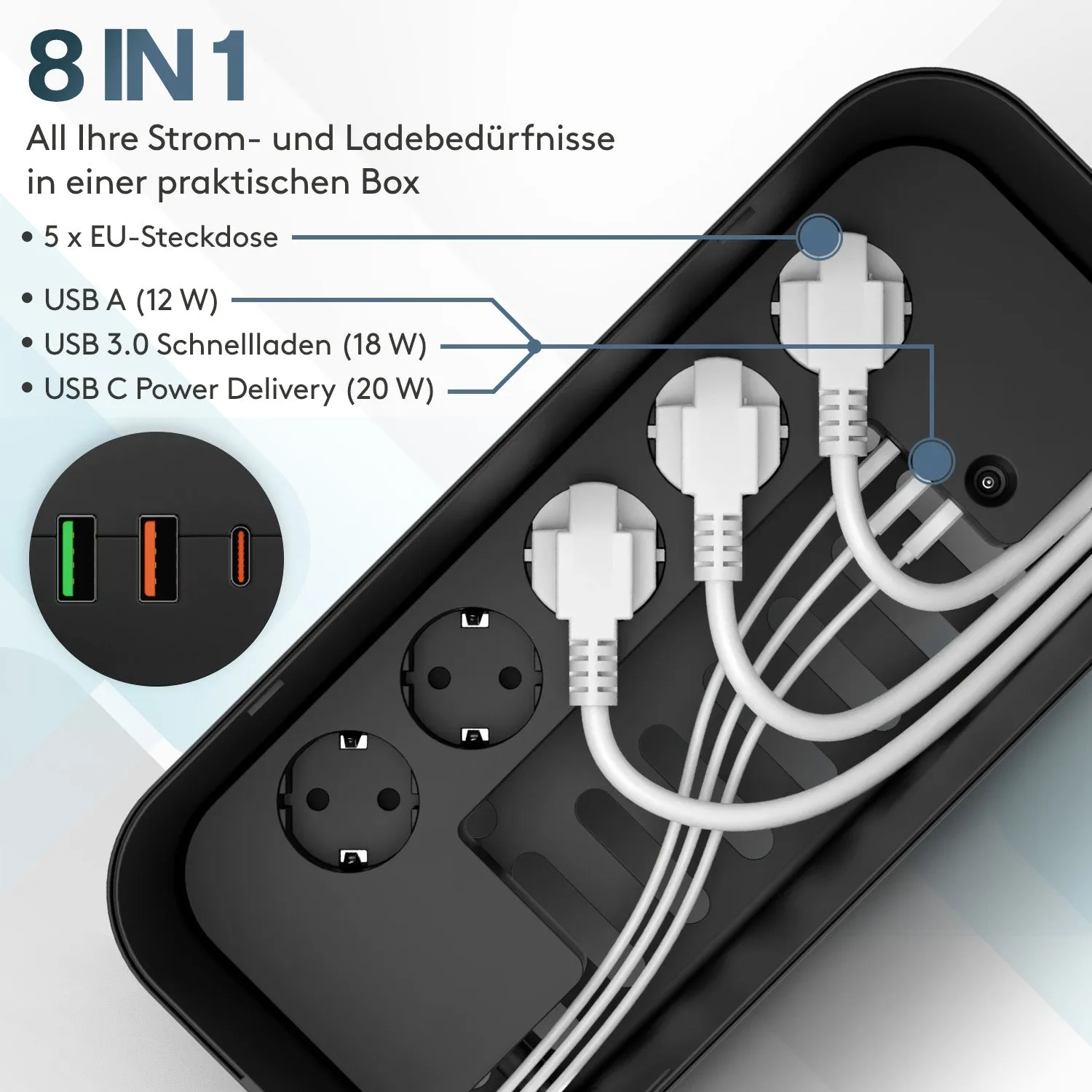 ACROPAQ Multipresa 5 posti + 3 USB nera protezione