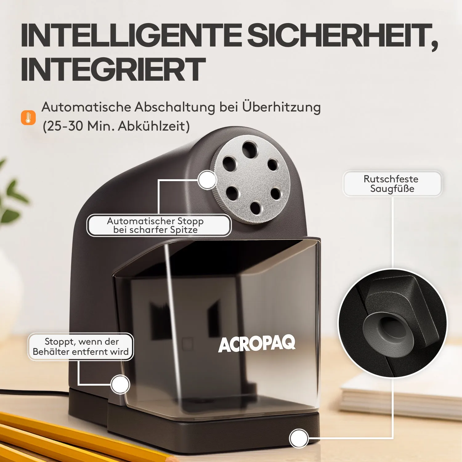 ACROPAQ Temperamatite Elettrico 6 Fori Grigio Scuro